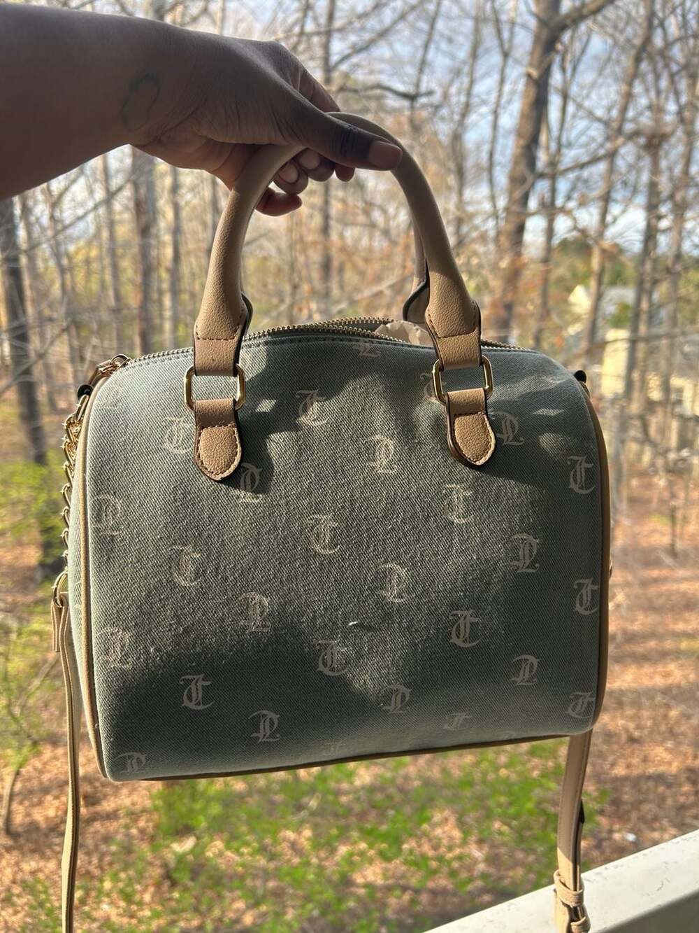 Juicy Couture Denim Days Gothic Logo Satchel with Strawberry Charm - Picture 2 of 5